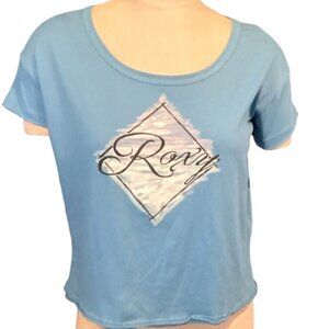 Roxy Cropped Graphic Short Sleeve Tee Top Cotton Tagless Rolled Hem XS Blue 42F